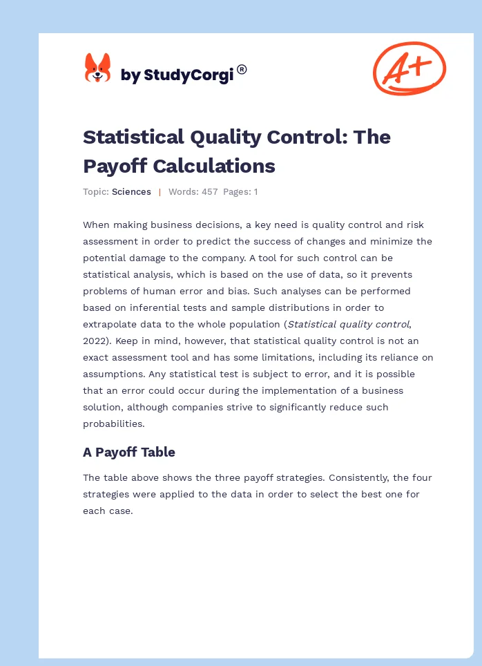 Statistical Quality Control: The Payoff Calculations. Page 1