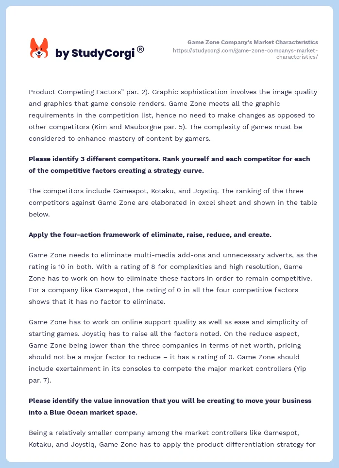 Game Zone Company's Market Characteristics. Page 2