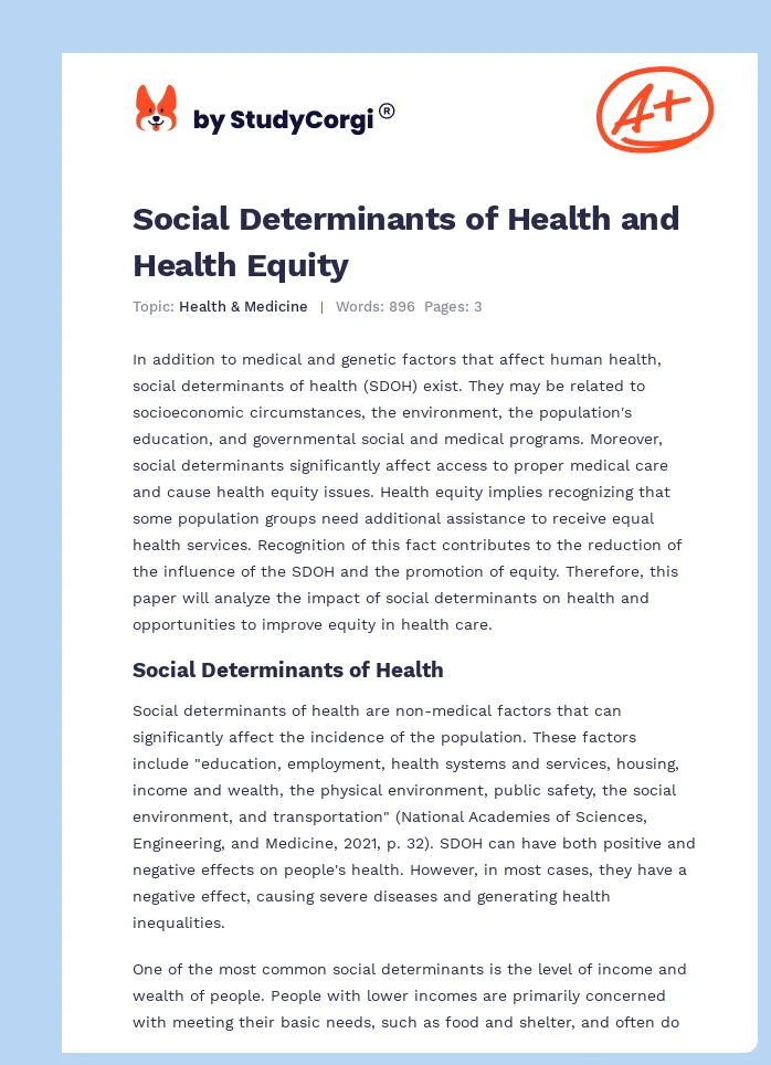 Social Determinants of Health and Health Equity. Page 1