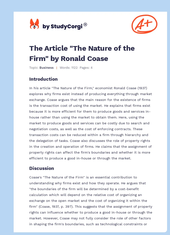 The Article "The Nature of the Firm" by Ronald Coase. Page 1