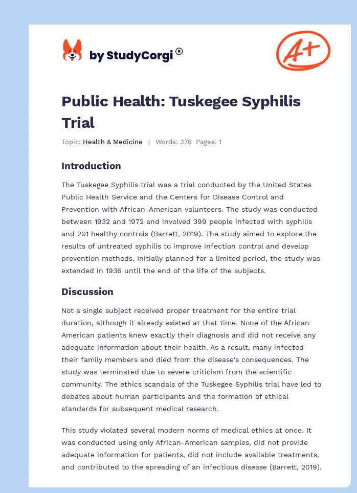 Public Health: Tuskegee Syphilis Trial. Page 1