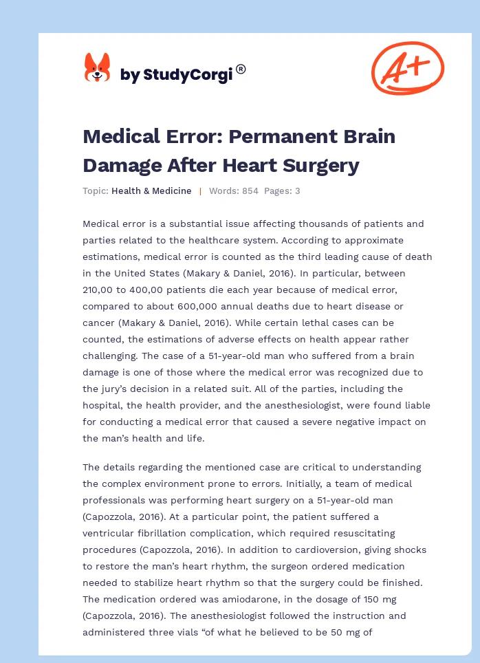 Medical Error: Permanent Brain Damage After Heart Surgery. Page 1