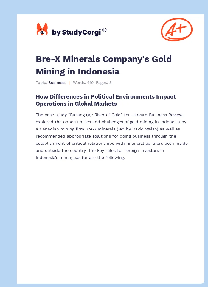 Bre-X Minerals Company's Gold Mining in Indonesia. Page 1