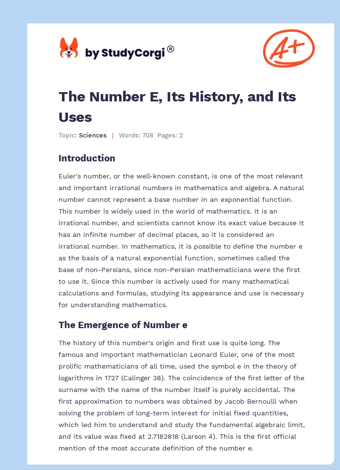 The Number E, Its History, and Its Uses. Page 1