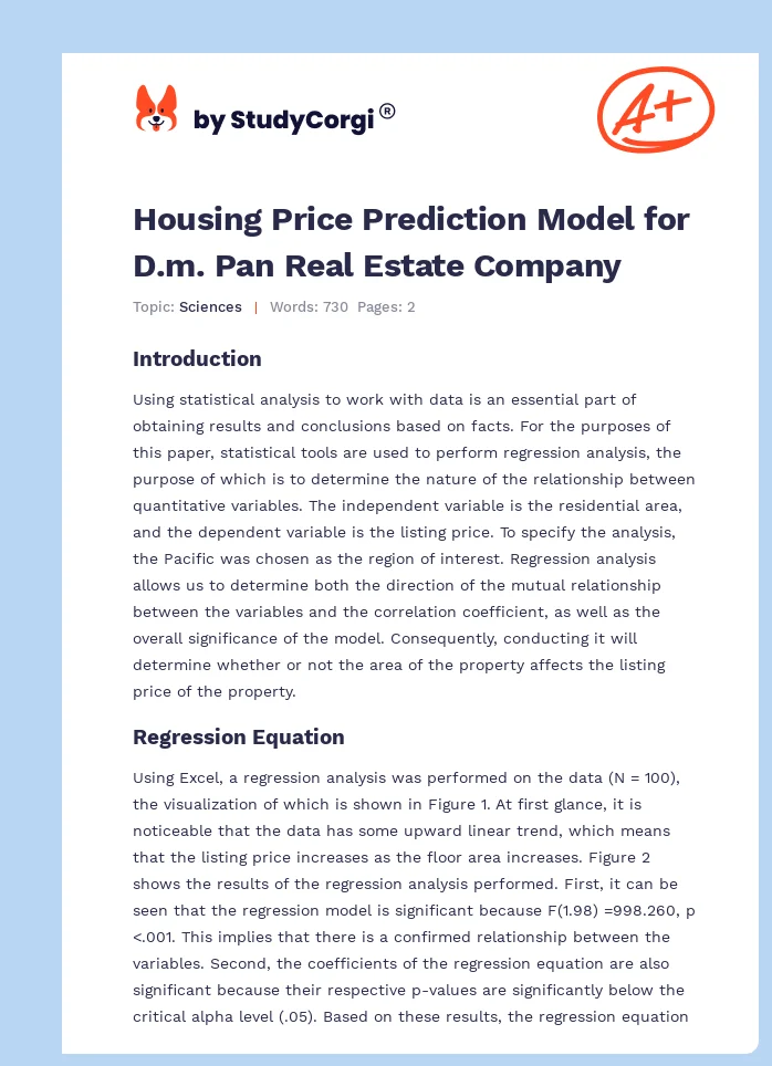 Housing Price Prediction Model for D.m. Pan Real Estate Company. Page 1