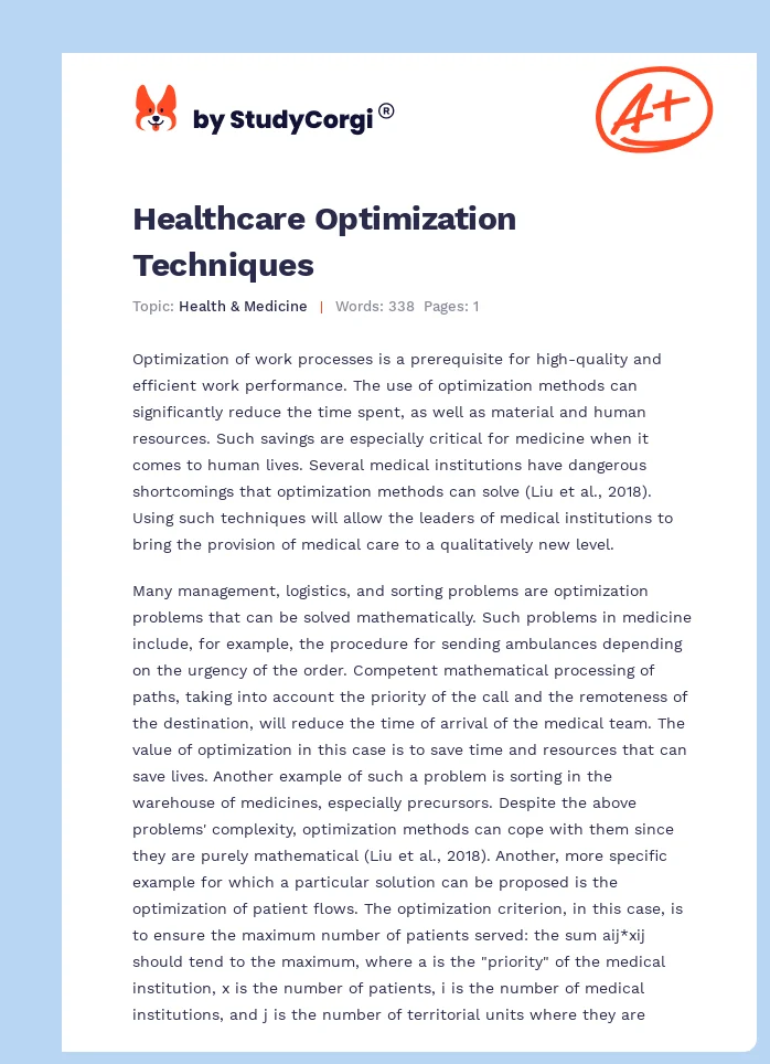 Healthcare Optimization Techniques. Page 1