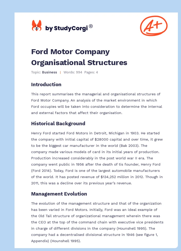 Ford Motor Company Organisational Structures. Page 1