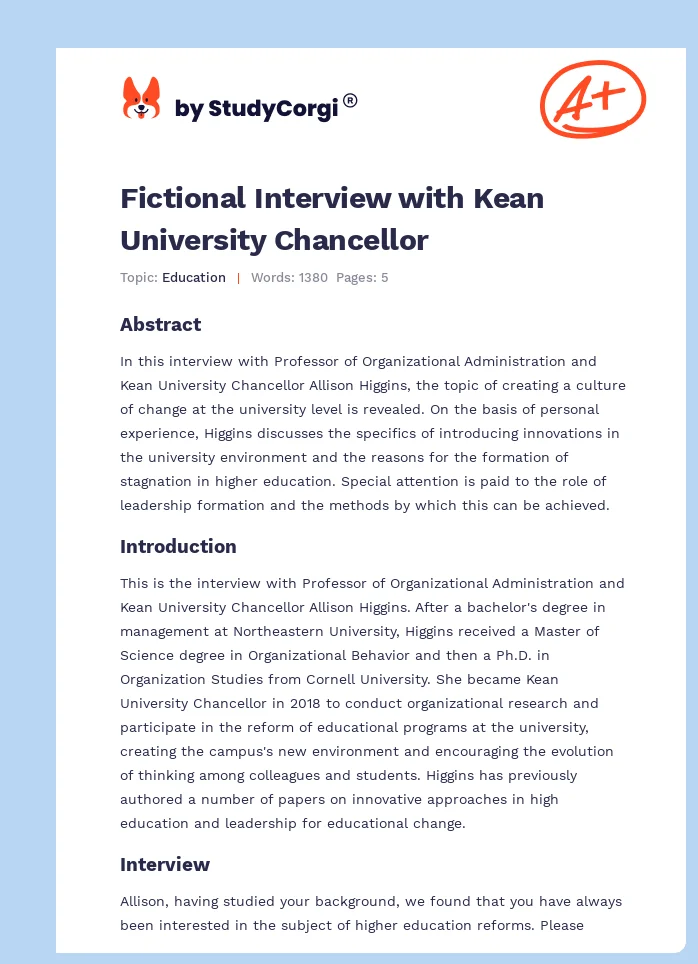 Fictional Interview with Kean University Chancellor. Page 1