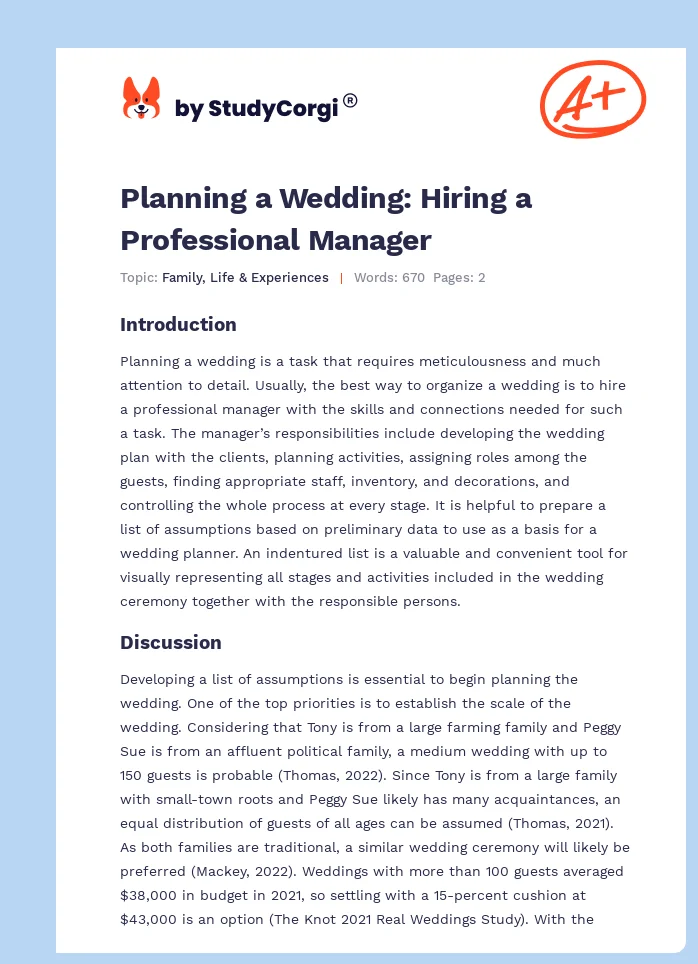 Planning a Wedding: Hiring a Professional Manager. Page 1
