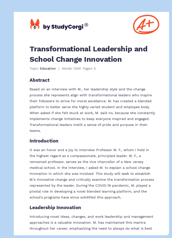 Transformational Leadership and School Change Innovation. Page 1