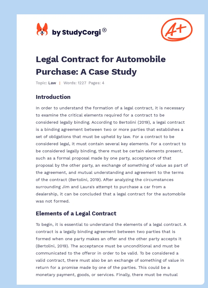 Legal Contract for Automobile Purchase: A Case Study. Page 1