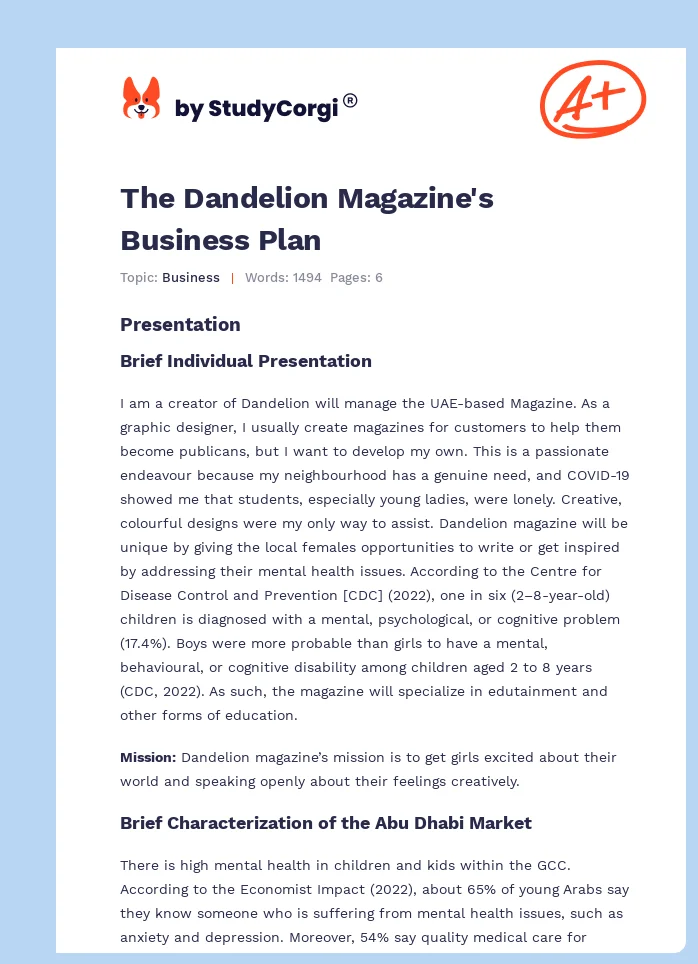 The Dandelion Magazine's Business Plan. Page 1