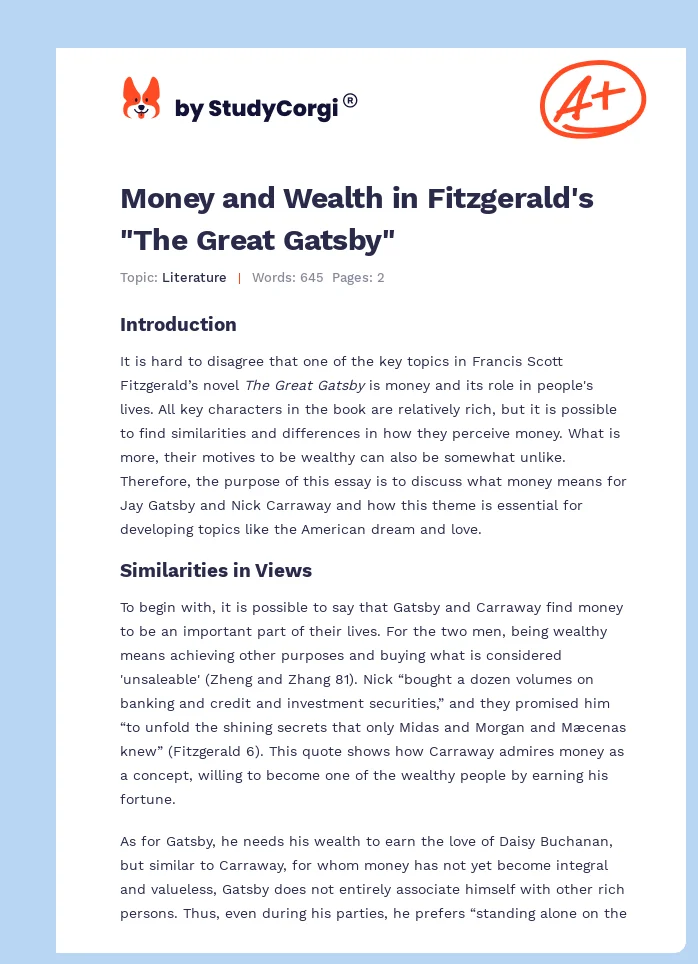 Money and Wealth in Fitzgerald's "The Great Gatsby". Page 1
