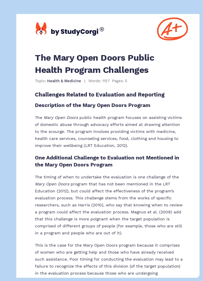 The Mary Open Doors Public Health Program Challenges. Page 1