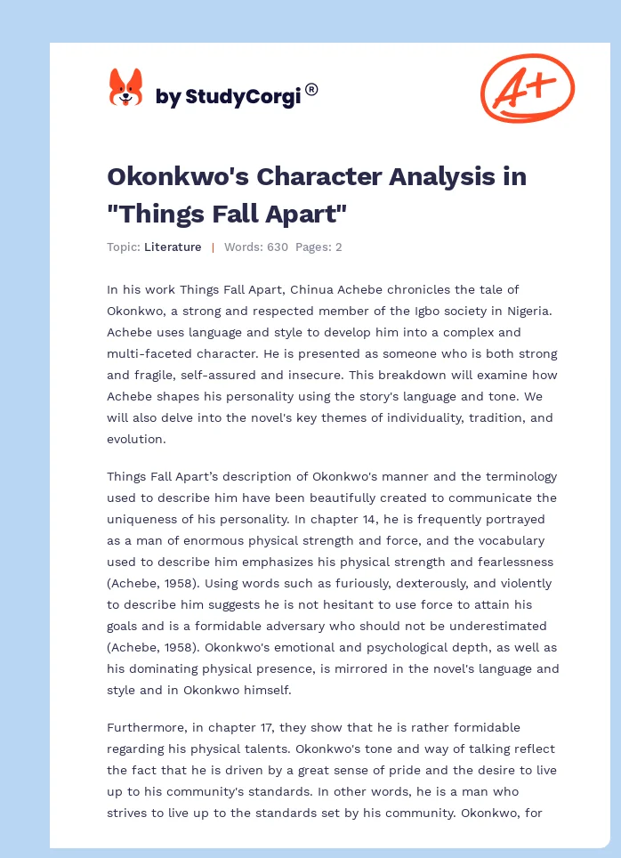 Okonkwo's Character Analysis in "Things Fall Apart". Page 1
