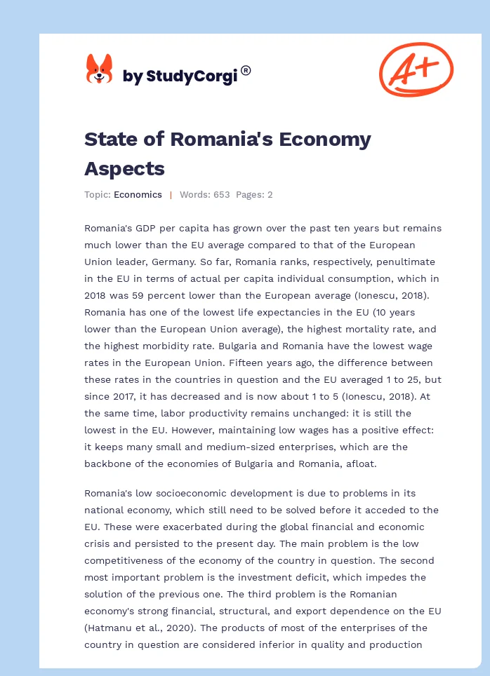 State of Romania's Economy Aspects. Page 1