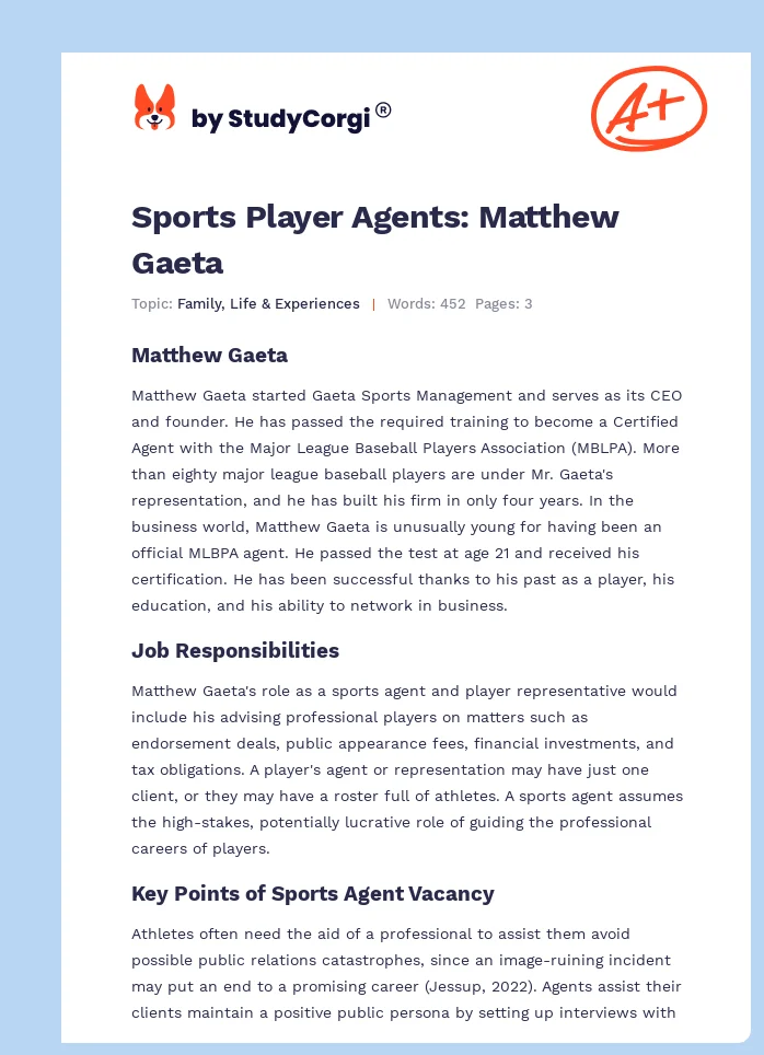 Sports Player Agents: Matthew Gaeta. Page 1