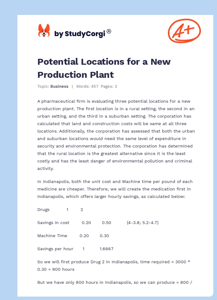 Potential Locations for a New Production Plant. Page 1