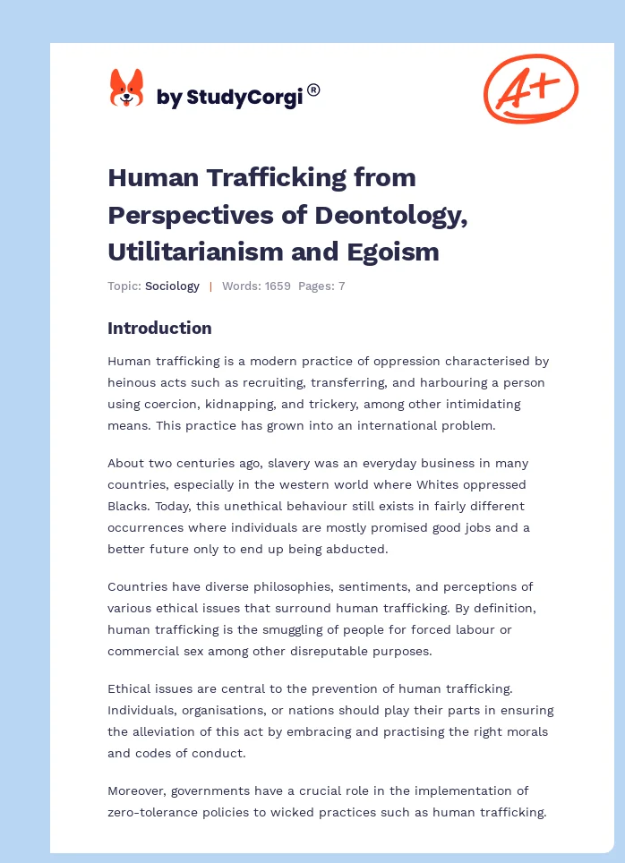 Human Trafficking from Perspectives of Deontology, Utilitarianism and Egoism. Page 1