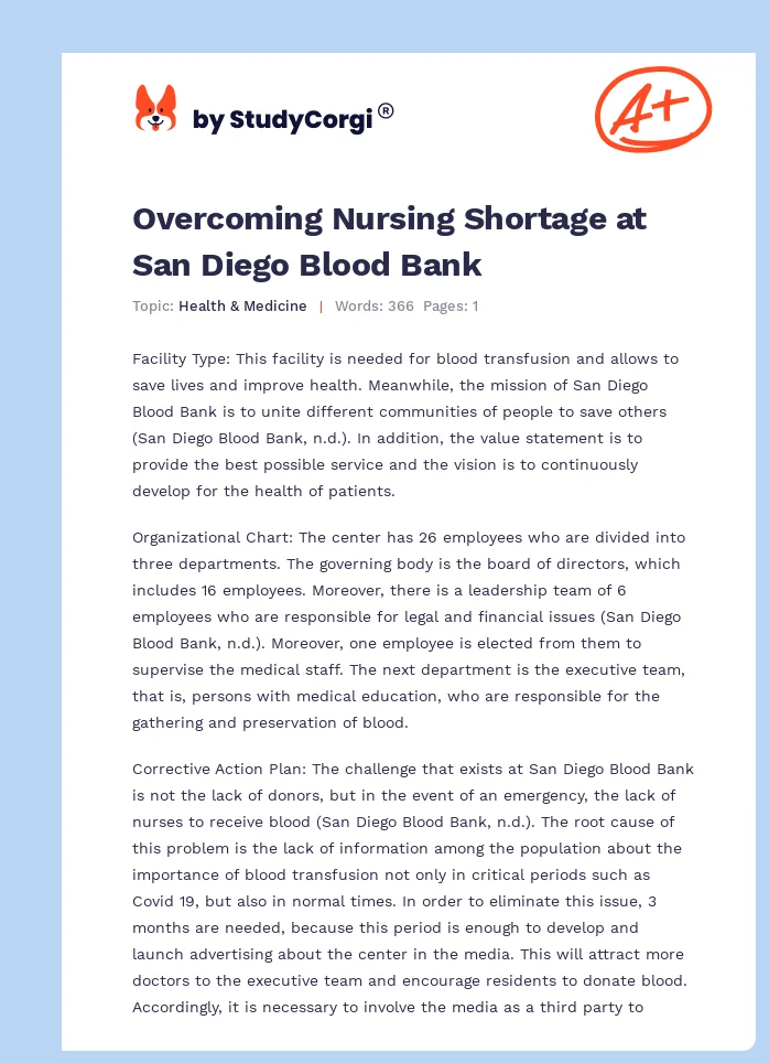 Overcoming Nursing Shortage at San Diego Blood Bank. Page 1