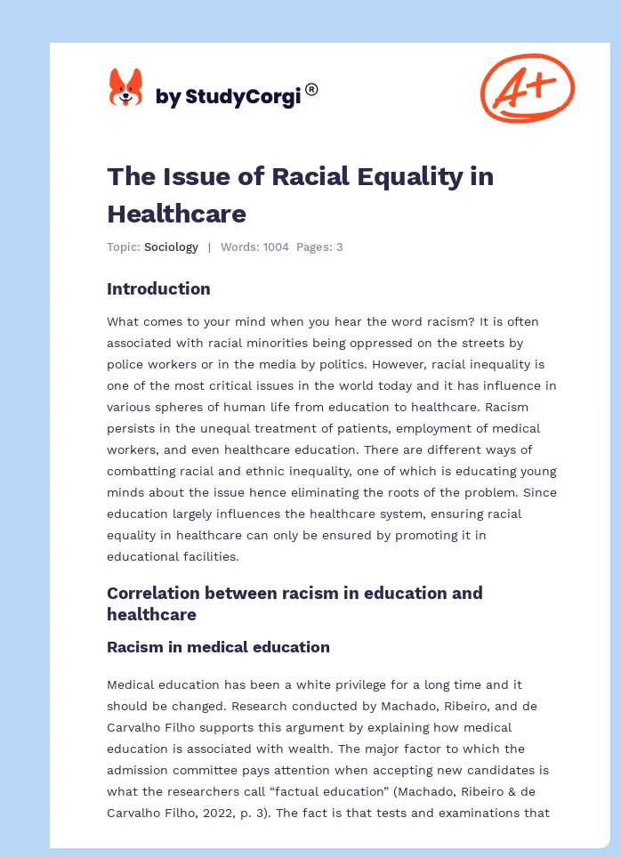 The Issue of Racial Equality in Healthcare. Page 1