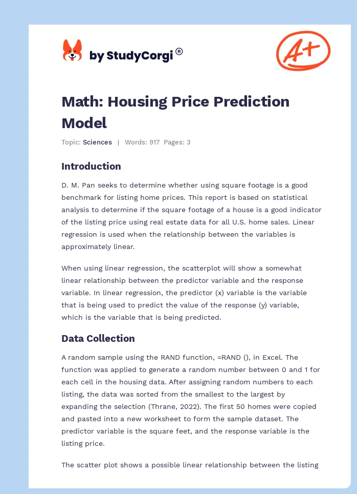 Math: Housing Price Prediction Model. Page 1