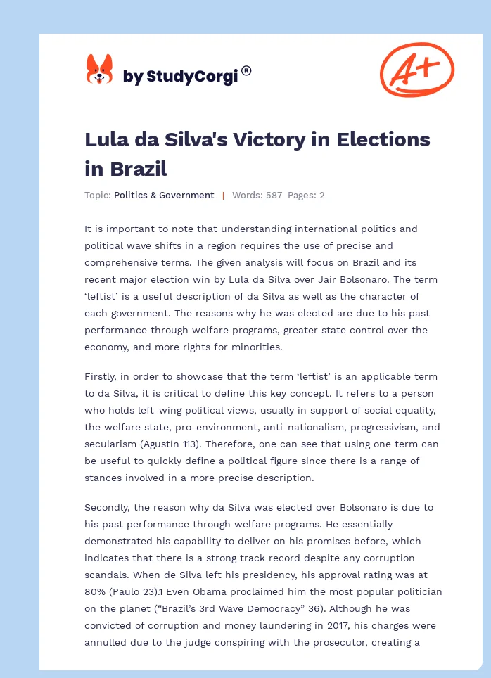 Lula da Silva's Victory in Elections in Brazil. Page 1