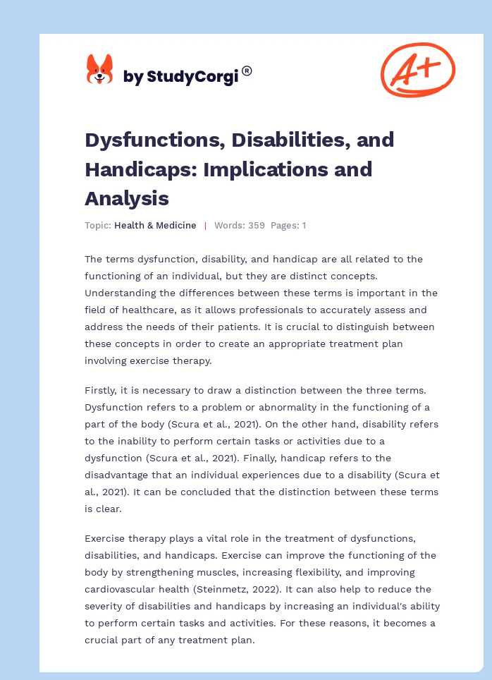 Dysfunctions, Disabilities, and Handicaps: Implications and Analysis. Page 1