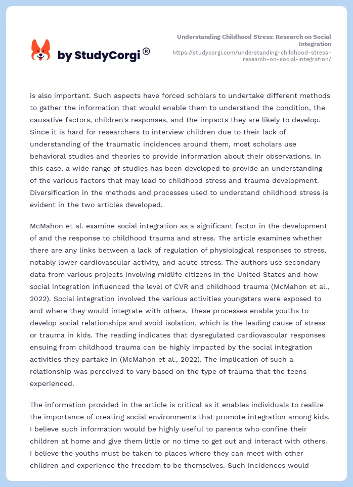 Understanding Childhood Stress: Research on Social Integration. Page 2