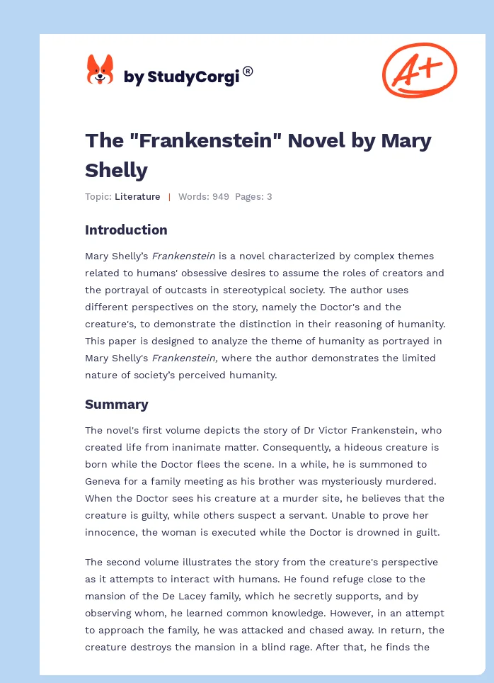 The "Frankenstein" Novel by Mary Shelly. Page 1
