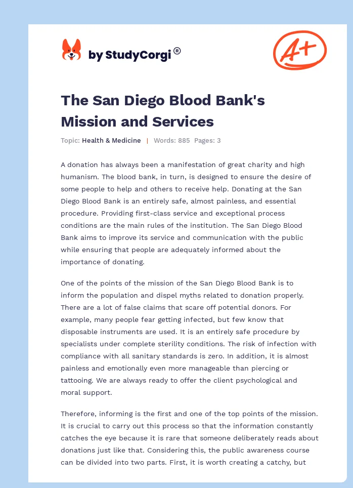 The San Diego Blood Bank's Mission and Services. Page 1