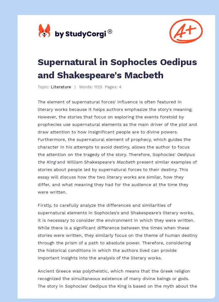 Supernatural in Sophocles Oedipus and Shakespeare's Macbeth. Page 1