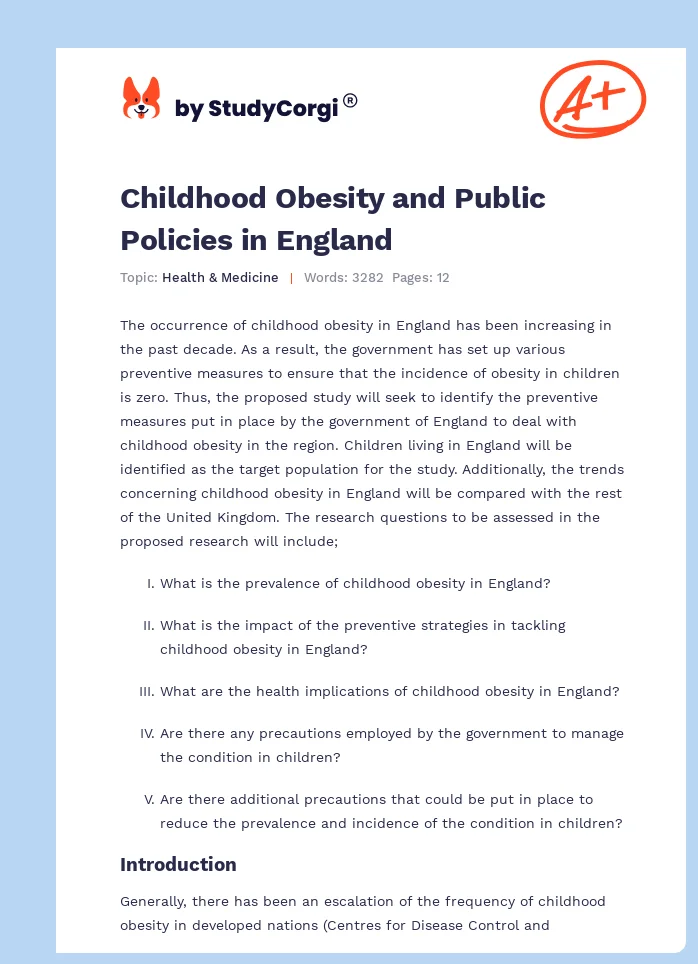 Childhood Obesity and Public Policies in England. Page 1