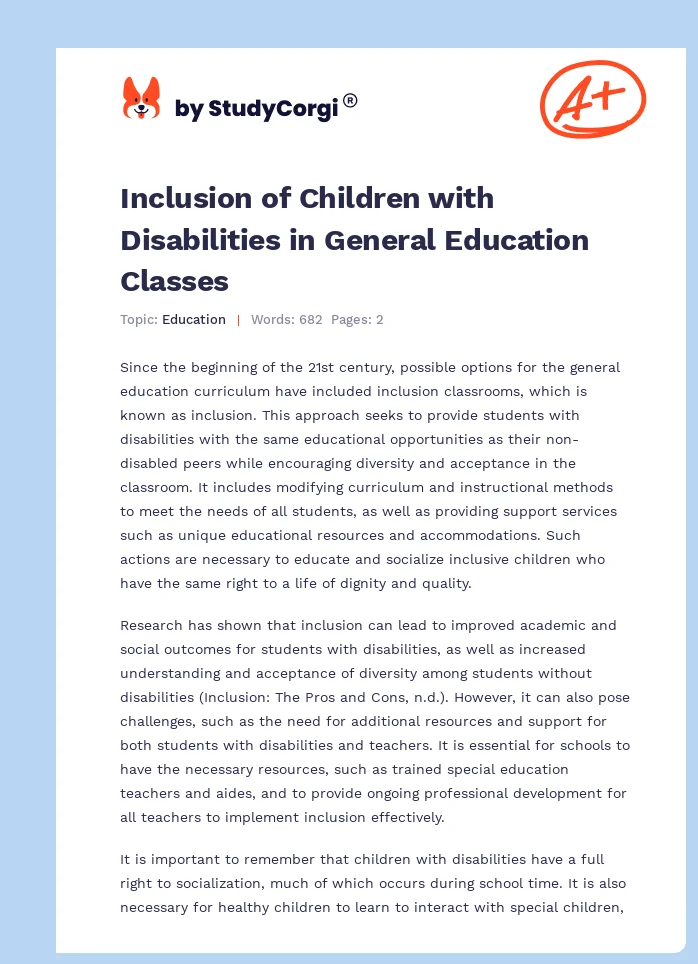 Inclusion of Children with Disabilities in General Education Classes. Page 1