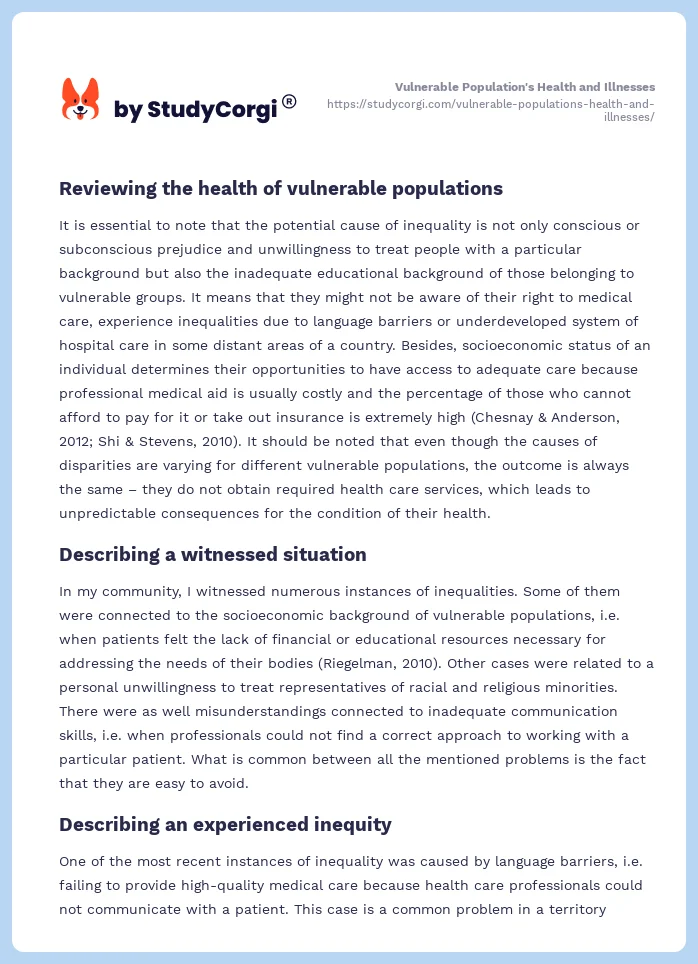 Vulnerable Population's Health and Illnesses. Page 2