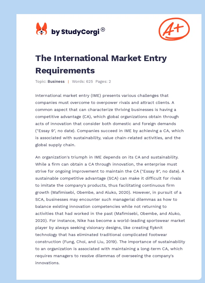 The International Market Entry Requirements. Page 1