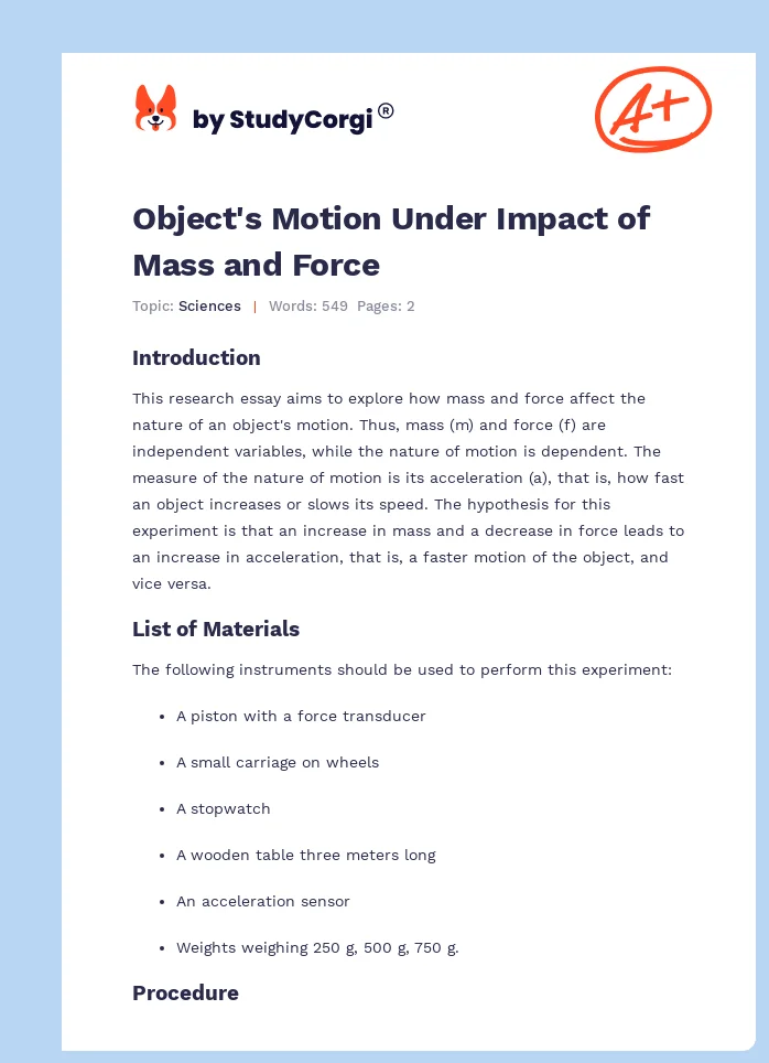 Object's Motion Under Impact of Mass and Force. Page 1