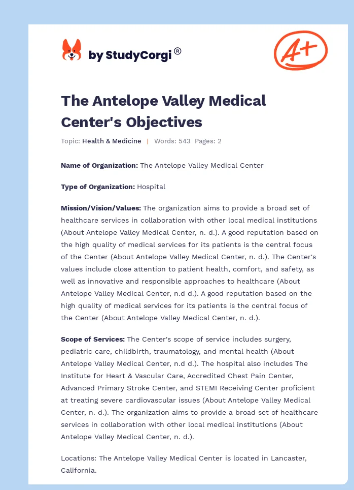 The Antelope Valley Medical Center's Objectives. Page 1