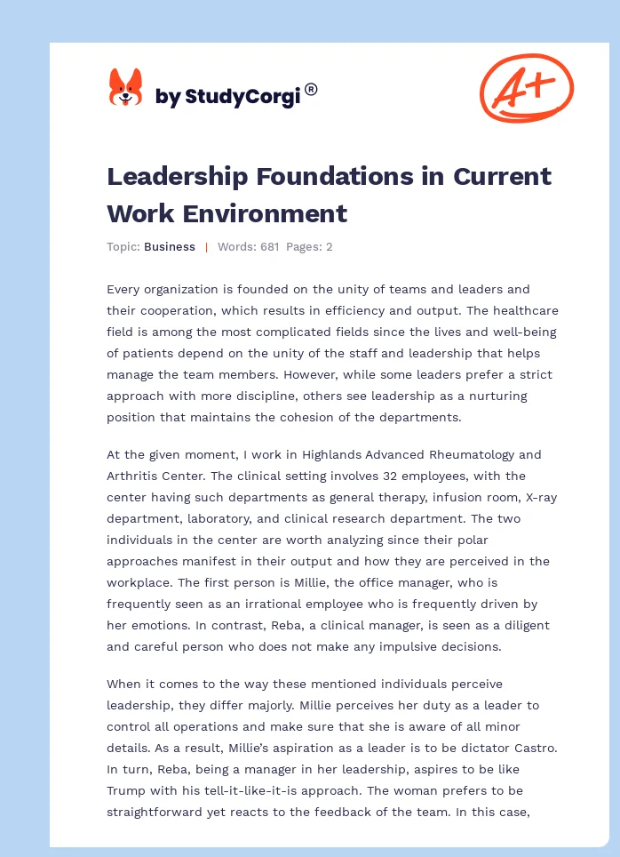 Leadership Foundations in Current Work Environment. Page 1