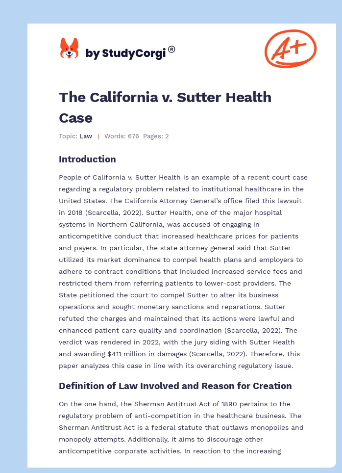 The California v. Sutter Health Case. Page 1