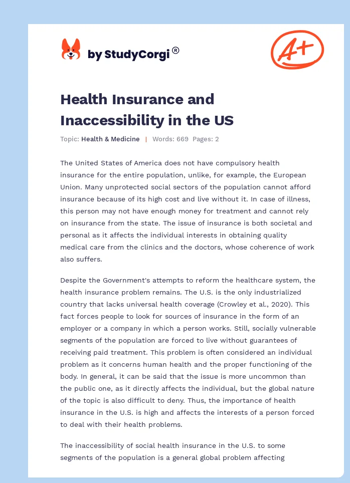 Health Insurance and Inaccessibility in the US. Page 1
