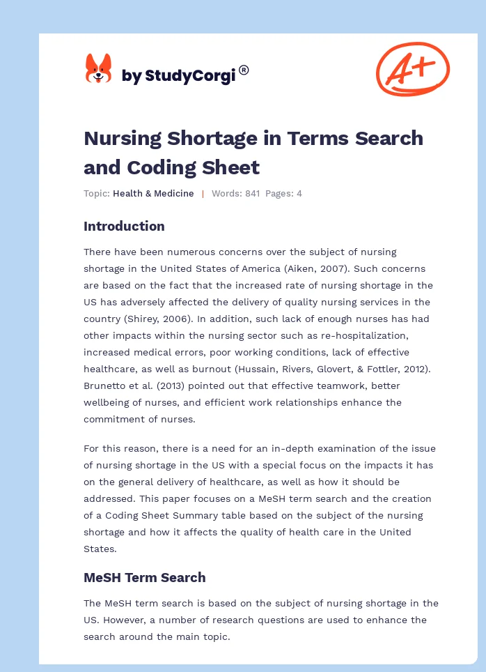 Nursing Shortage in Terms Search and Coding Sheet. Page 1