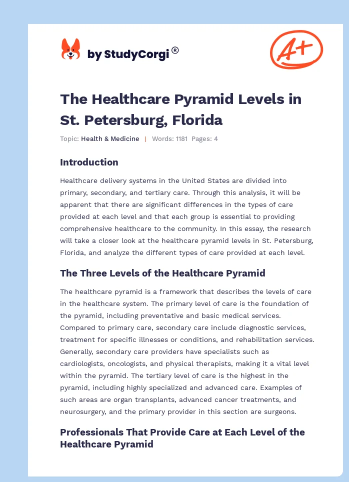 The Healthcare Pyramid Levels in St. Petersburg, Florida. Page 1