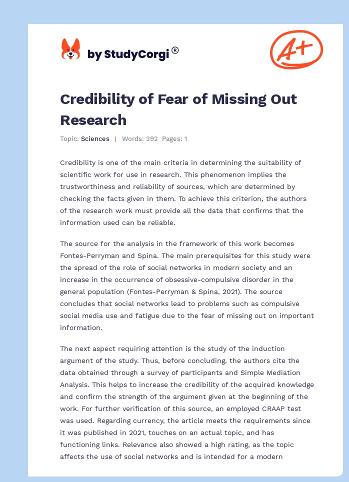 Credibility of Fear of Missing Out Research. Page 1