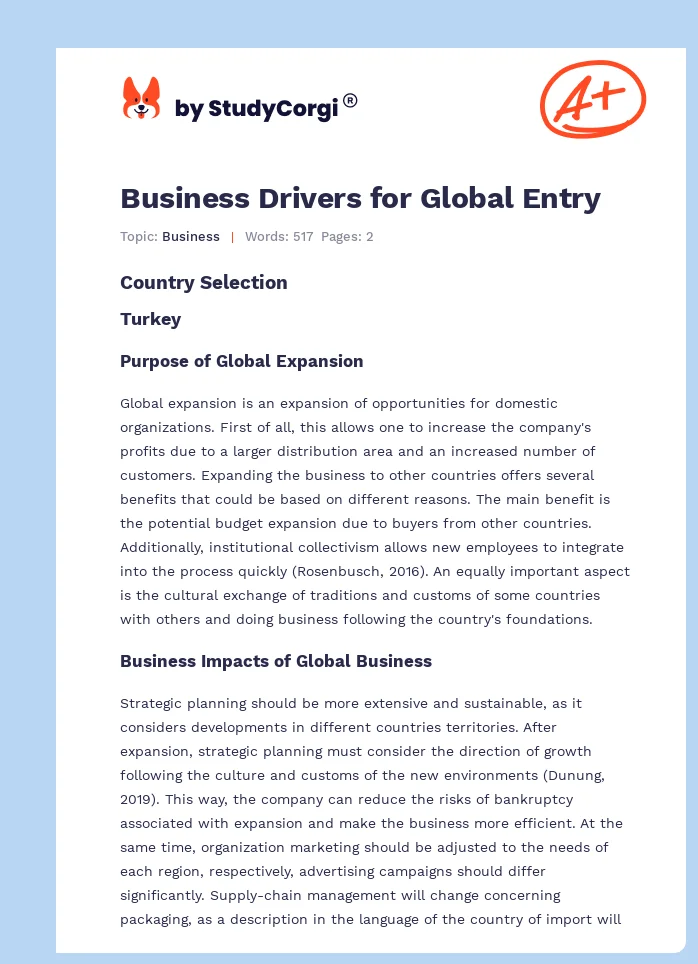 Business Drivers for Global Entry. Page 1