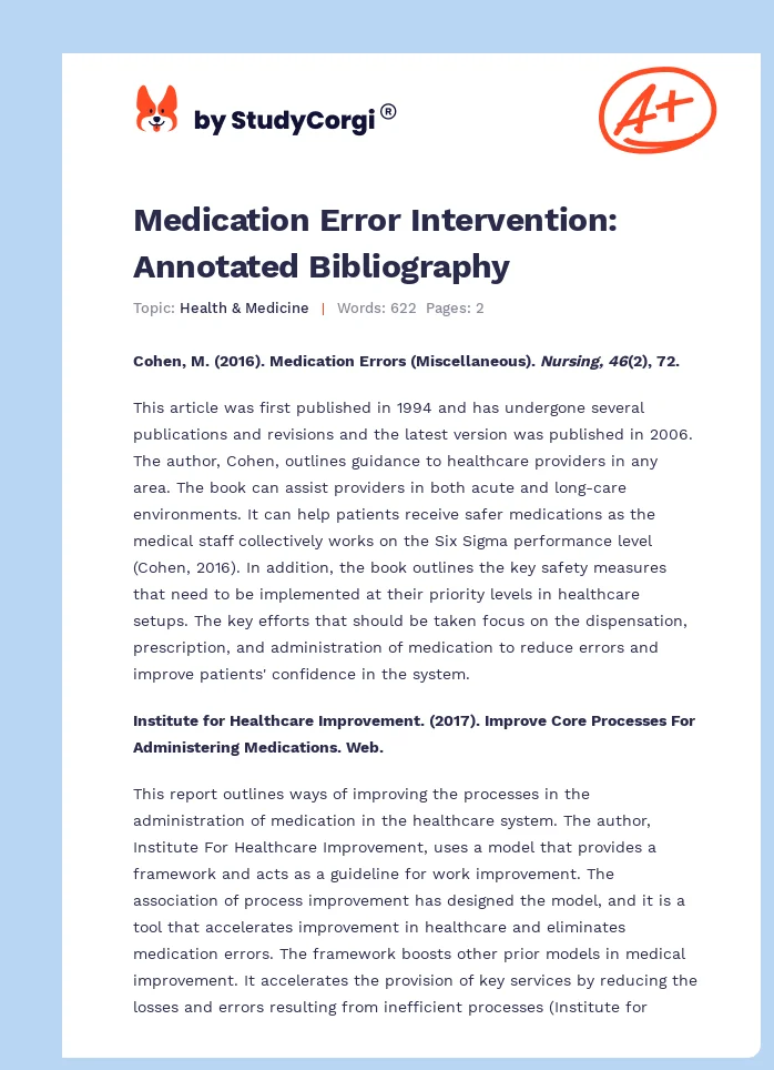 Medication Error Intervention: Annotated Bibliography. Page 1