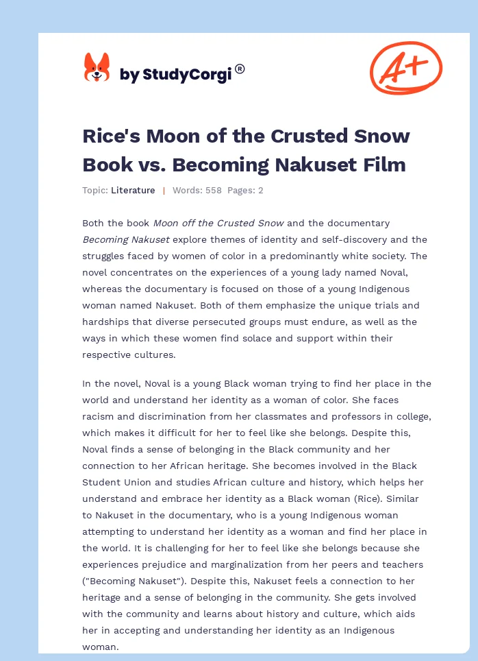 Rice's Moon of the Crusted Snow Book vs. Becoming Nakuset Film. Page 1