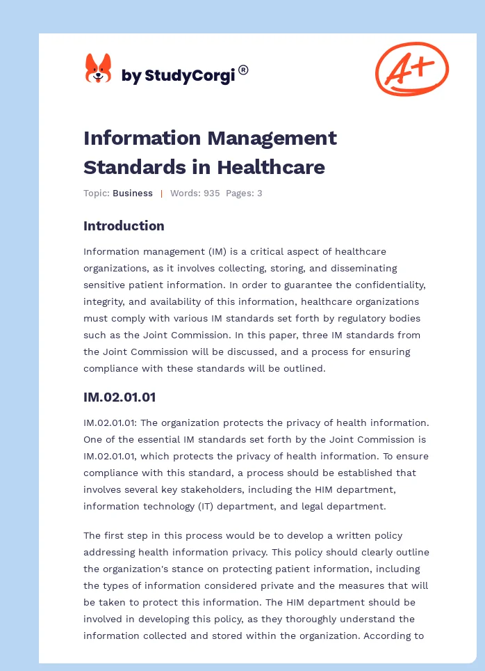 Information Management Standards in Healthcare. Page 1