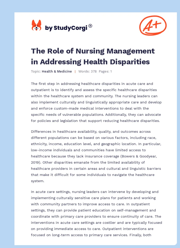 The Role of Nursing Management in Addressing Health Disparities. Page 1