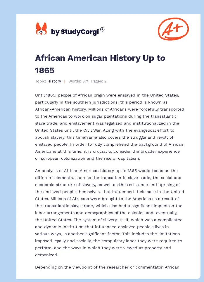African American History Up to 1865. Page 1